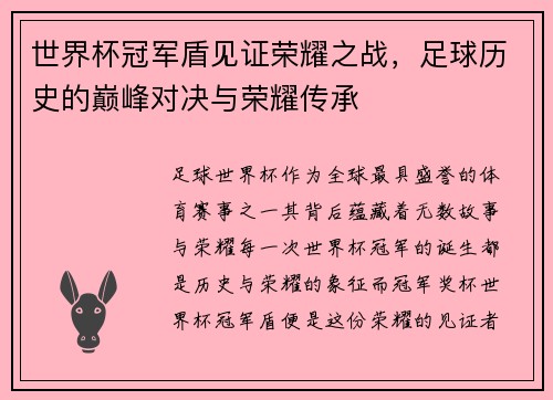 世界杯冠军盾见证荣耀之战，足球历史的巅峰对决与荣耀传承
