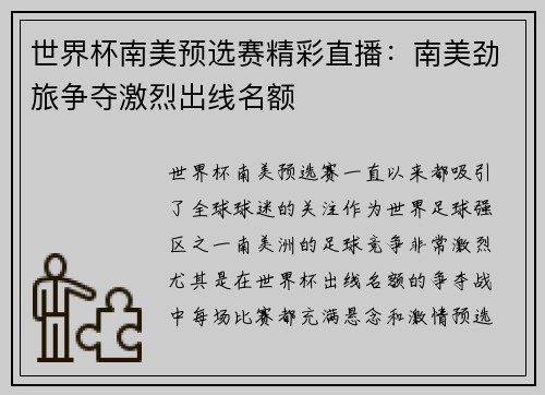 世界杯南美预选赛精彩直播：南美劲旅争夺激烈出线名额