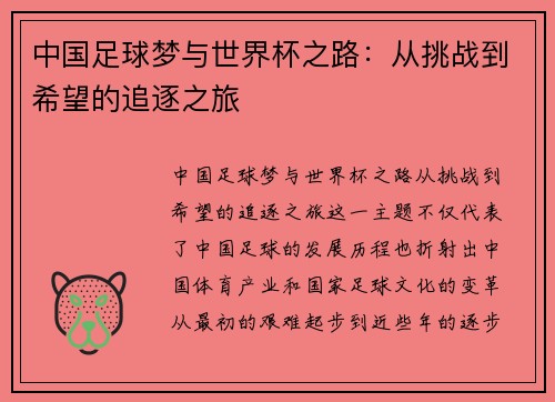 中国足球梦与世界杯之路：从挑战到希望的追逐之旅