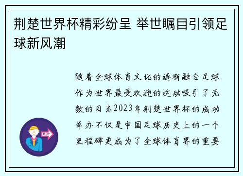 荆楚世界杯精彩纷呈 举世瞩目引领足球新风潮